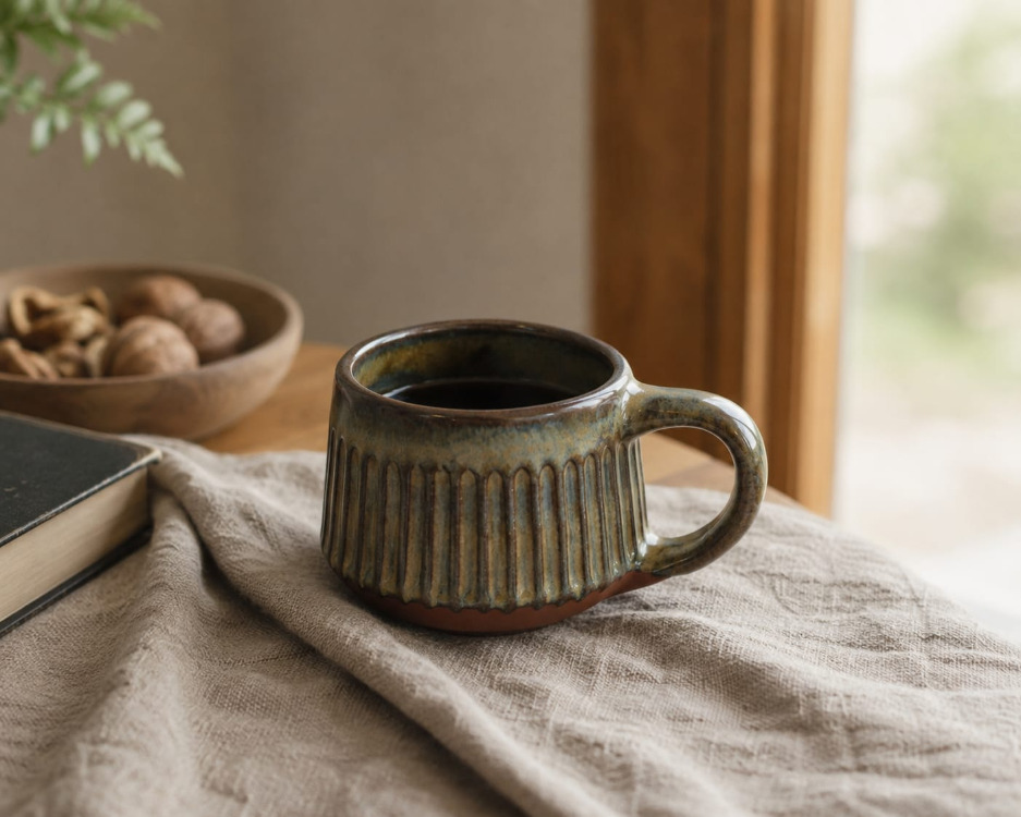 Stoneware Japandi Fluted Kupa - Earthy Forest Tones