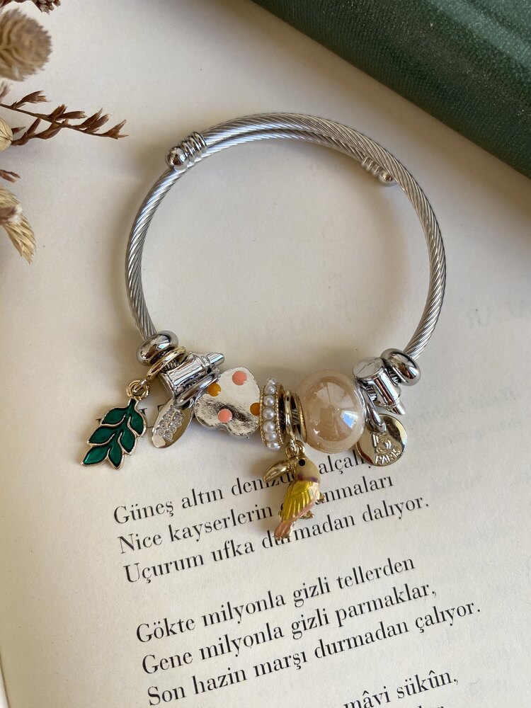 Sarı Papağan Figürlü Çelik Pandora Bileklik 