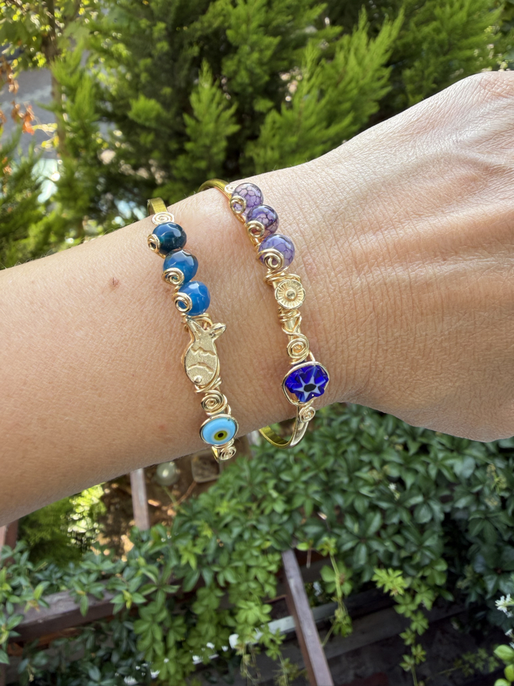 Mavi & Mor Akik Taşlı Figürlü Gold Cuff Kelepçeler
