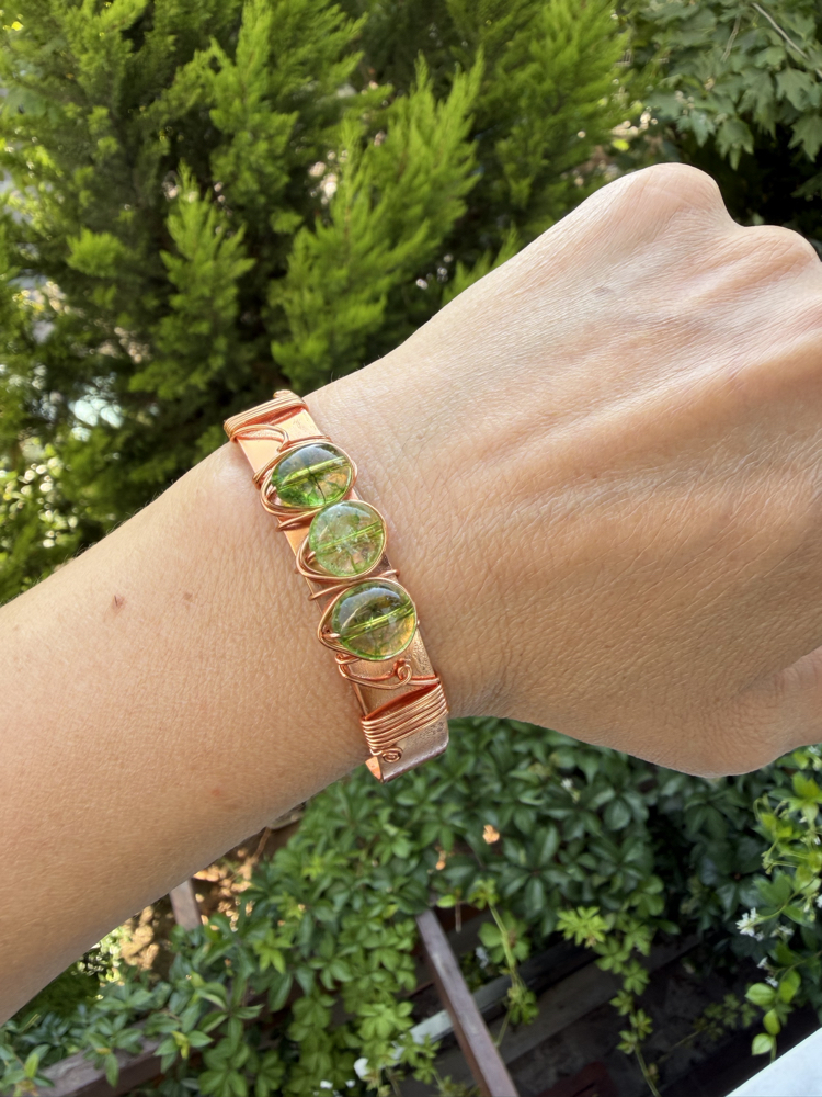 Saf Bakır Tel Sarma Prehnite Doğal Taşlı Cuff Bileklik