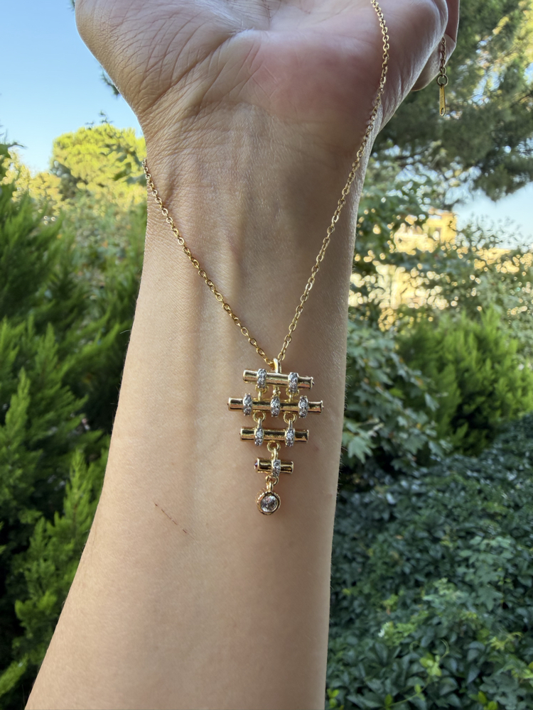 Geometrik Formlu Zirkon Taşlı Gold Çelik Kolye
