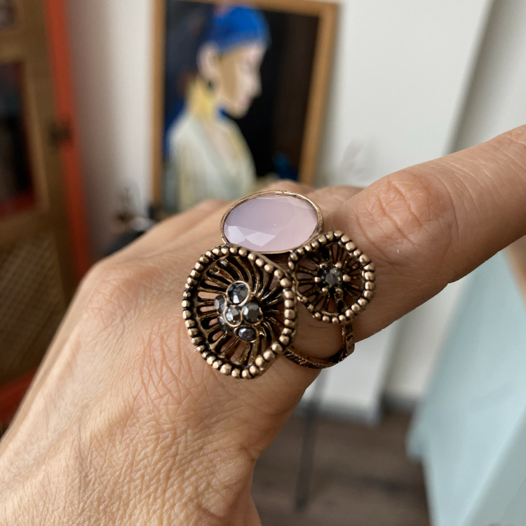 Pembe Kuvars Taşlı Nergis Çiçeği Bronz Yüzük