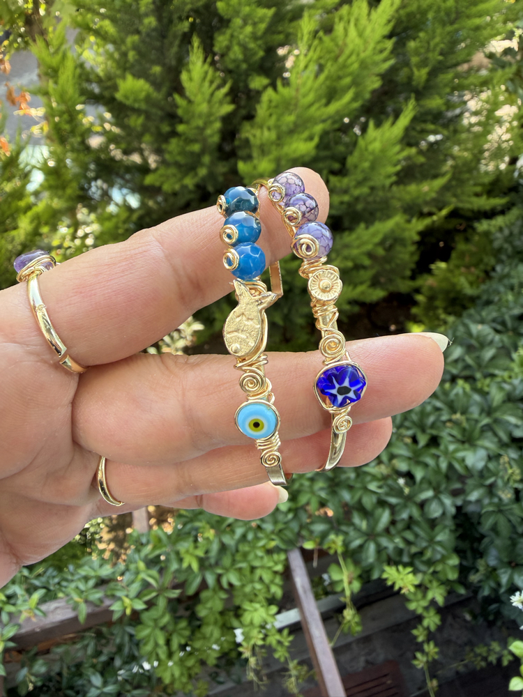Mavi & Mor Akik Taşlı Figürlü Gold Cuff Kelepçeler