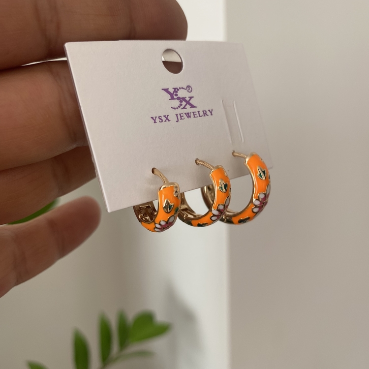 Turuncu Renk Çiçekli Mineli Üçlü Vip küpe