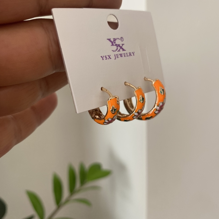 Turuncu Renk Çiçekli Mineli Üçlü Vip küpe