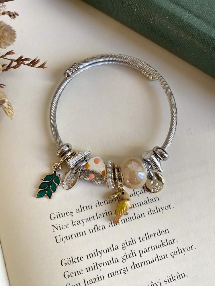 Sarı Papağan Figürlü Çelik Pandora Bileklik 