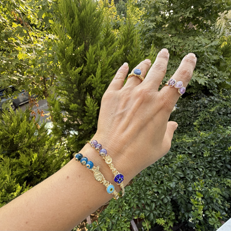 Mavi & Mor Akik Taşlı Figürlü Gold Cuff Kelepçeler