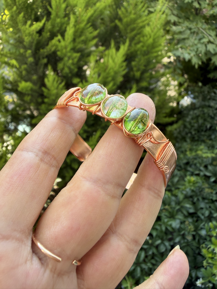 Saf Bakır Tel Sarma Prehnite Doğal Taşlı Cuff Bileklik