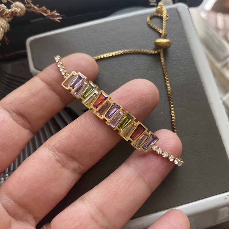 Renkli Taşlı Kaydırmalı Kapama Çelik Bileklik 