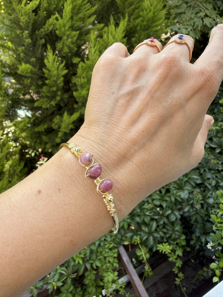 Ham Pembe Turmalin Gold Renk Cuff Bileklik 