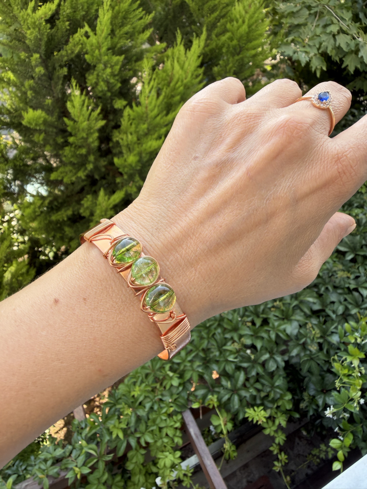 Saf Bakır Tel Sarma Prehnite Doğal Taşlı Cuff Bileklik