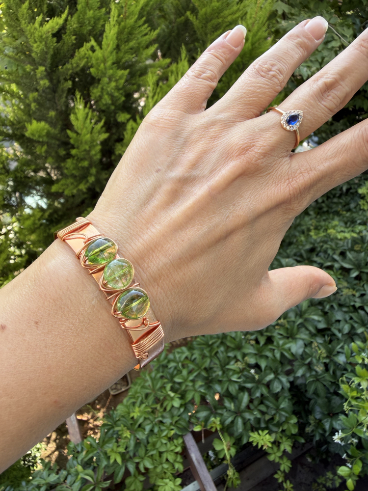 Saf Bakır Tel Sarma Prehnite Doğal Taşlı Cuff Bileklik
