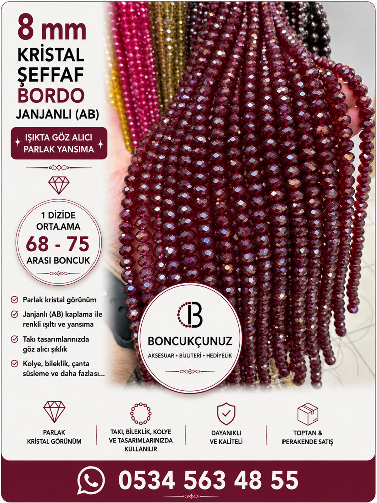 8 MM KRİSTAL ŞEFFAF ORTA BORDO JANJANLI (AB) BONCUK ✨