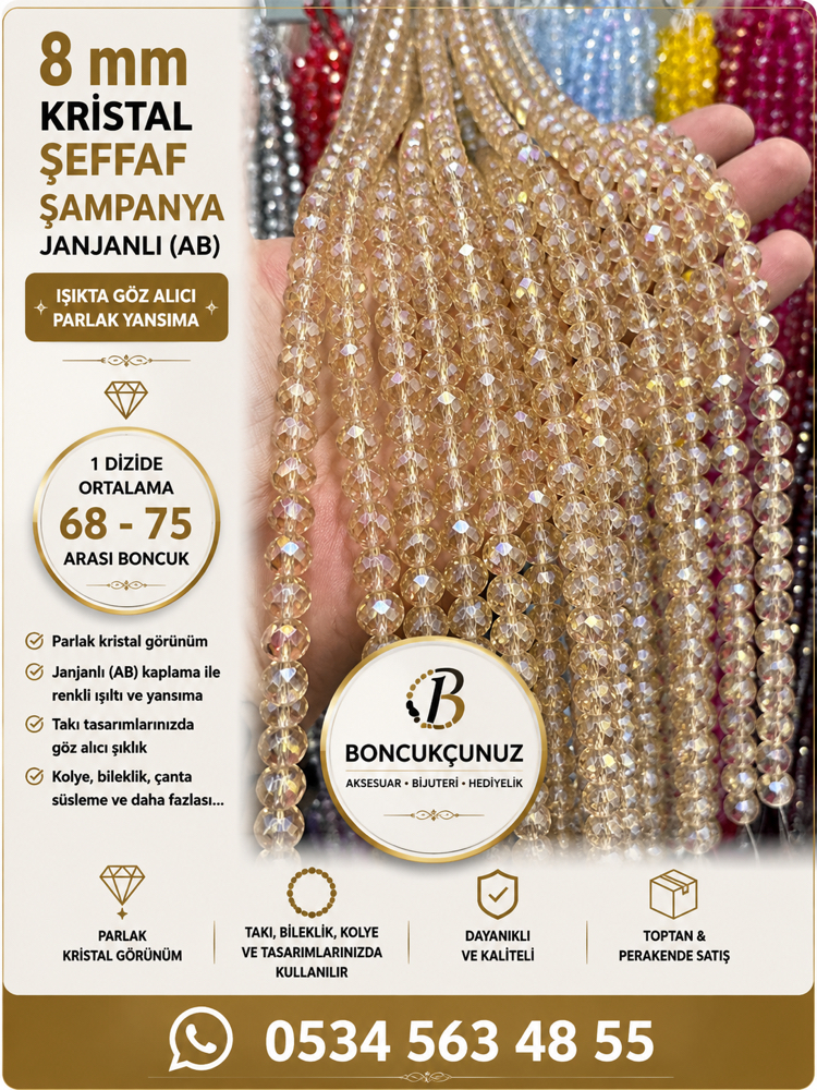 ✨ 8 MM KRİSTAL ŞEFFAF ŞAMPANYA JANJANLI (AB) BONCUK ✨