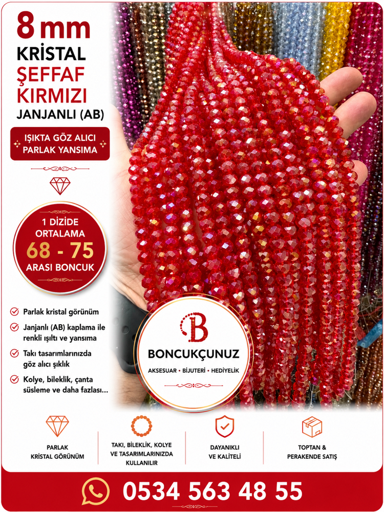 ❤️✨ 8 MM KRİSTAL ŞEFFAF KIRMIZI JANJANLI (AB) BONCUK ✨❤️