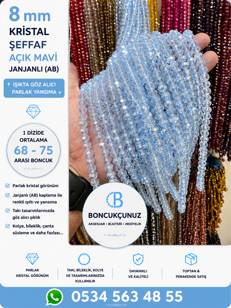 8 MM Kristal Şeffaf Açık Mavi Janjanlı (AB) Boncuk