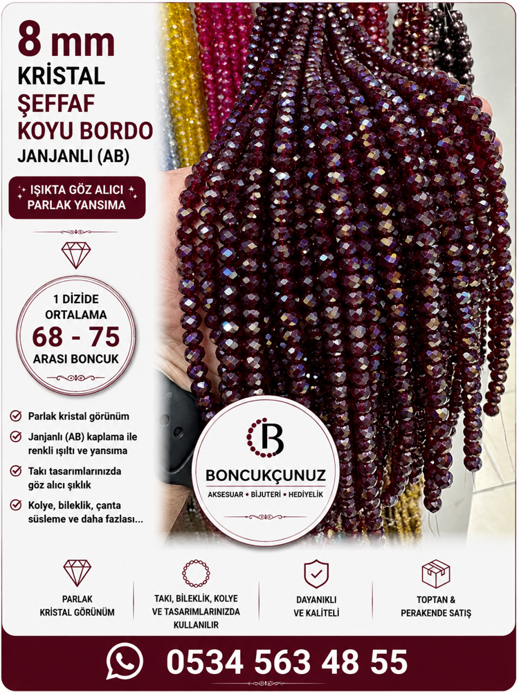 8 MM KRİSTAL ŞEFFAF KOYU BORDO JANJANLI (AB) BONCUK ✨