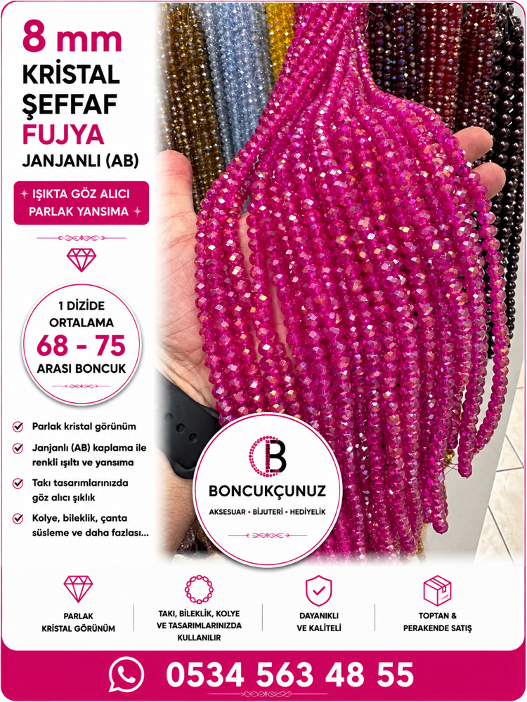 8 MM KRİSTAL ŞEFFAF FUJYA JANJANLI (AB) BONCUK ✨