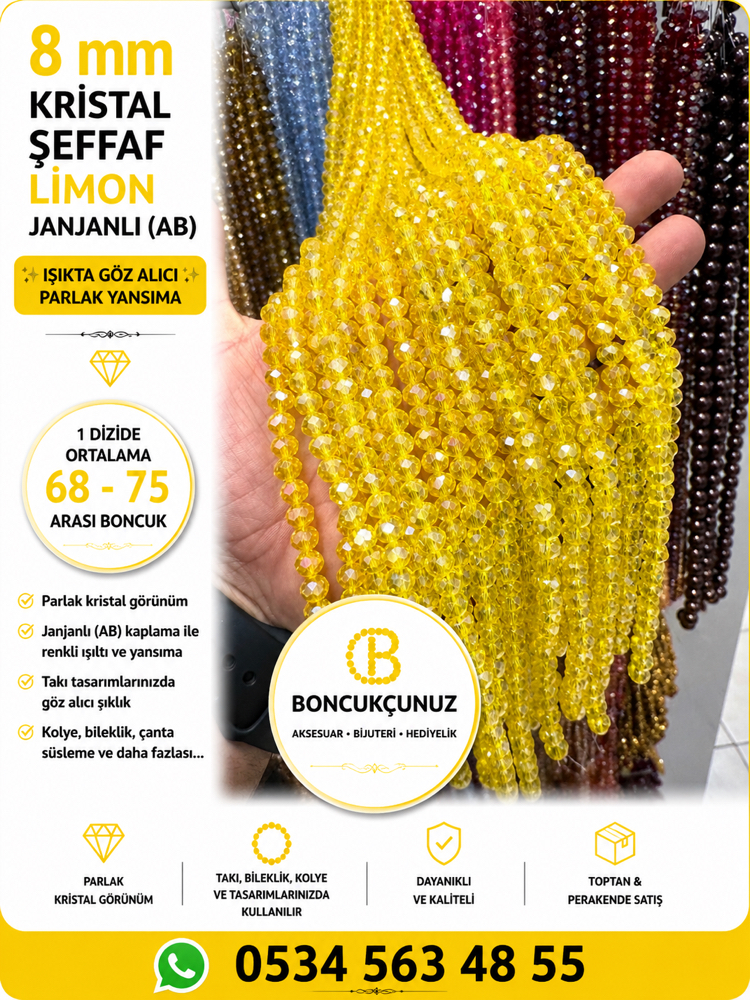 8 MM Kristal Şeffaf Limon Janjanlı (AB) Boncuk