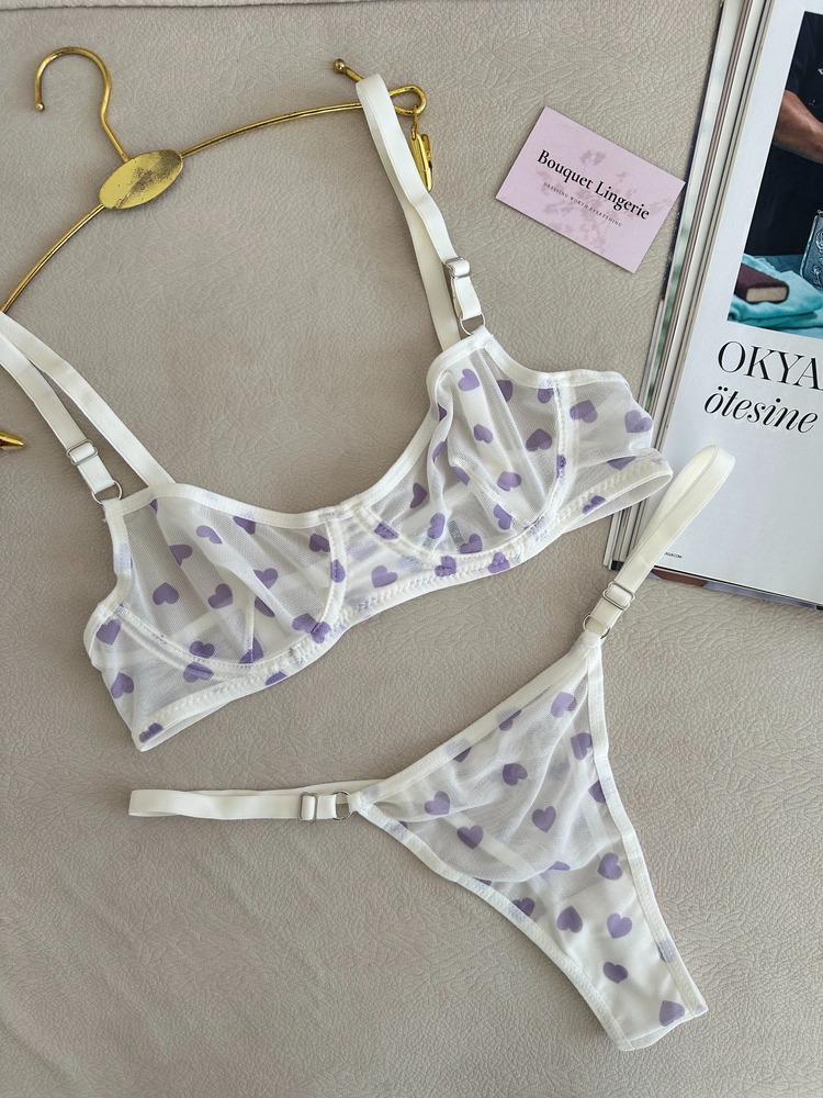 Beyaz Mor Kalp Detaylı Transparan Bra Set