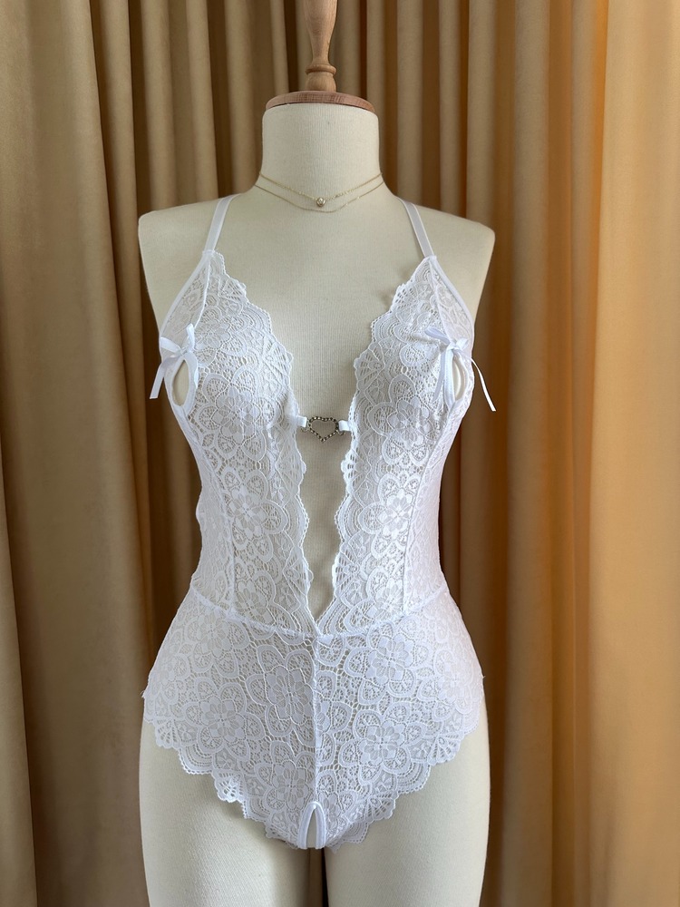 Beyaz Gümüş Kalp Detaylı Bodysuit