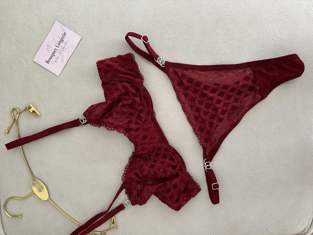 Bordo Dantel Detaylı Bra Set