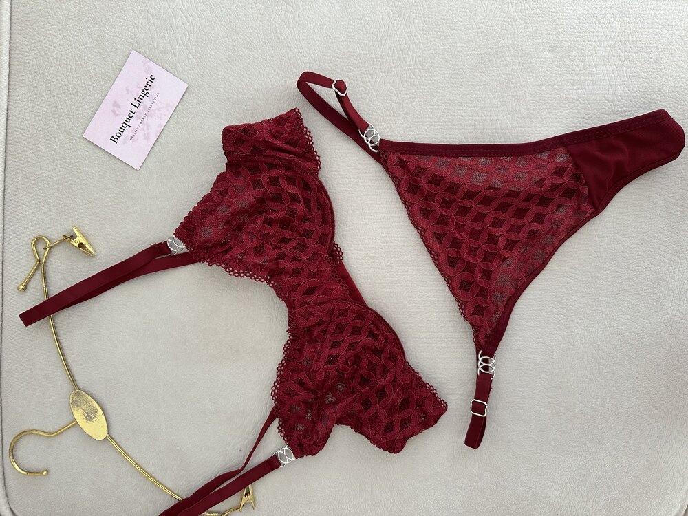 Bordo Dantel Detaylı Bra Set