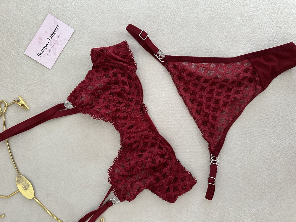 Bordo Dantel Detaylı Bra Set