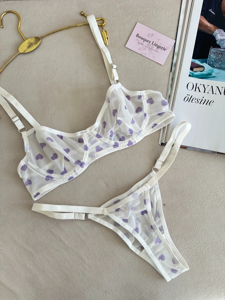 Beyaz Mor Kalp Detaylı Transparan Bra Set