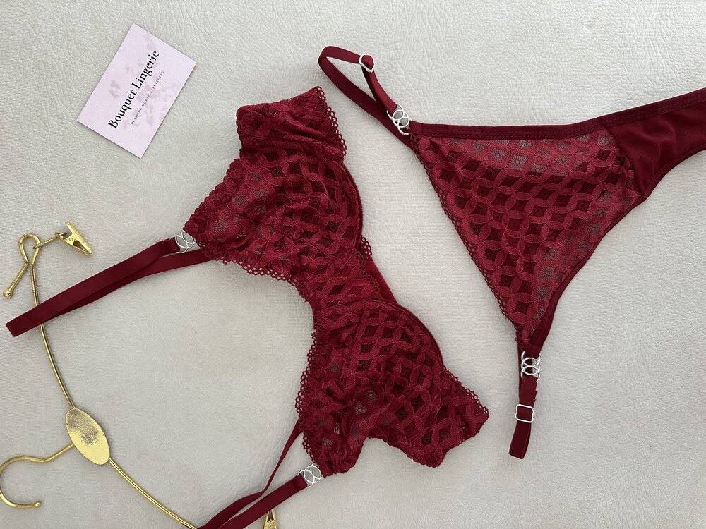 Bordo Dantel Detaylı Bra Set