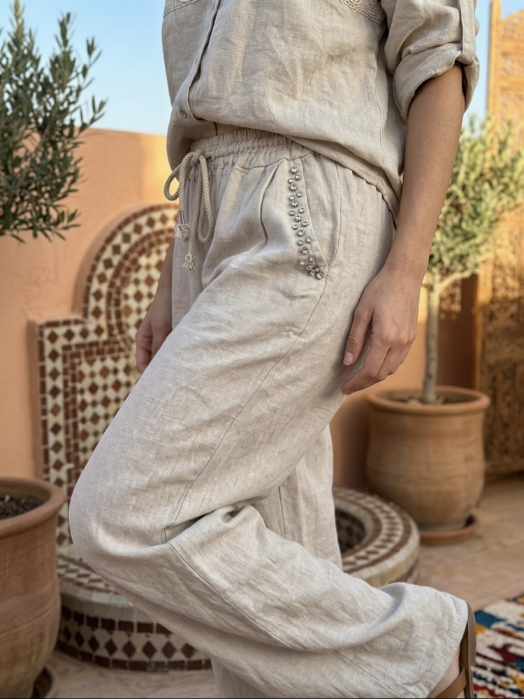 Taş Detaylı İthal Keten Pantolon