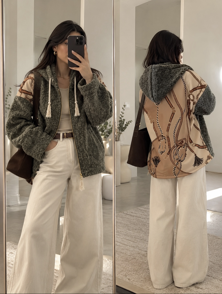 Sırtı Zincir Desen Kırçıllı Oversize İtalyan Hırka