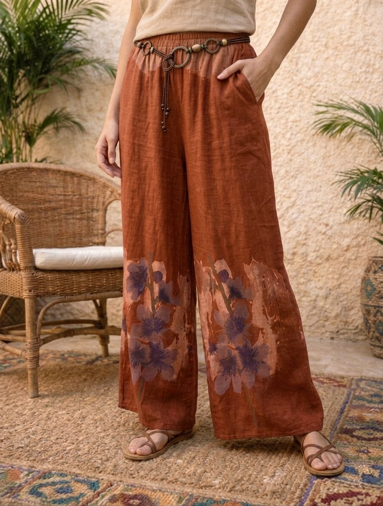 Kemerli Desenli İthal Keten Pantolon