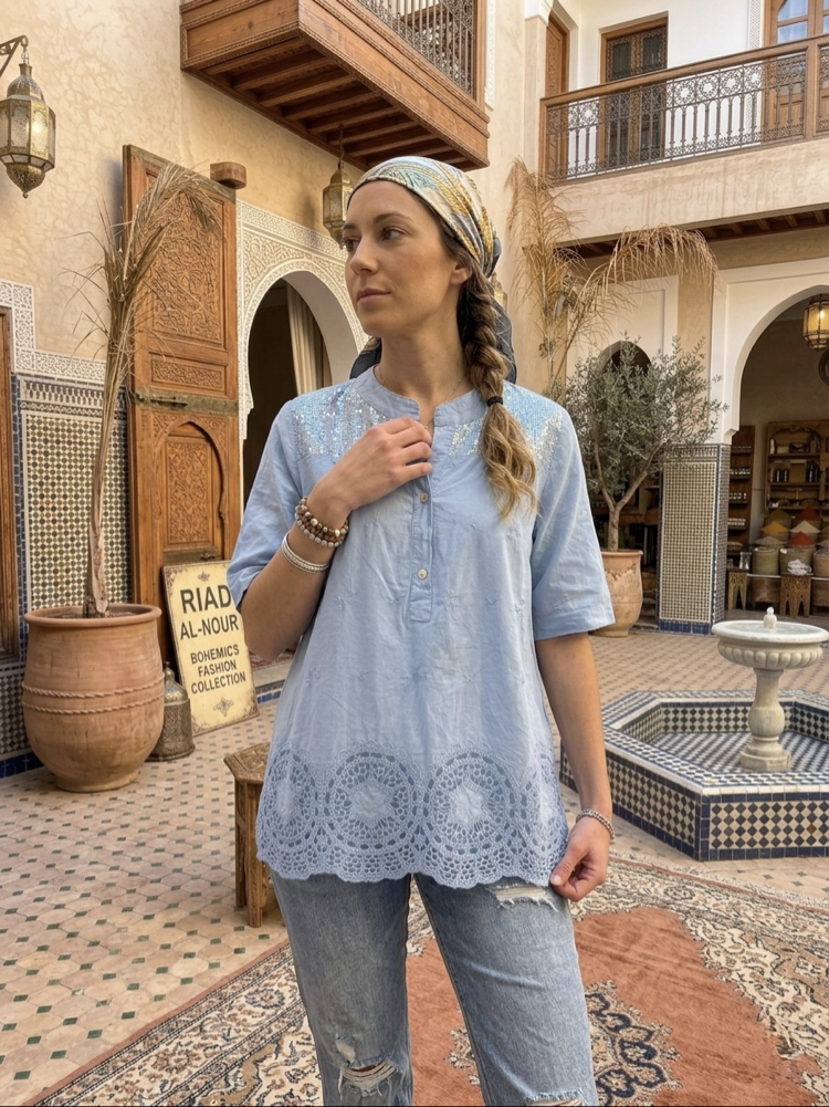 Nakışlı Payetli Poplin İthal Bluz 