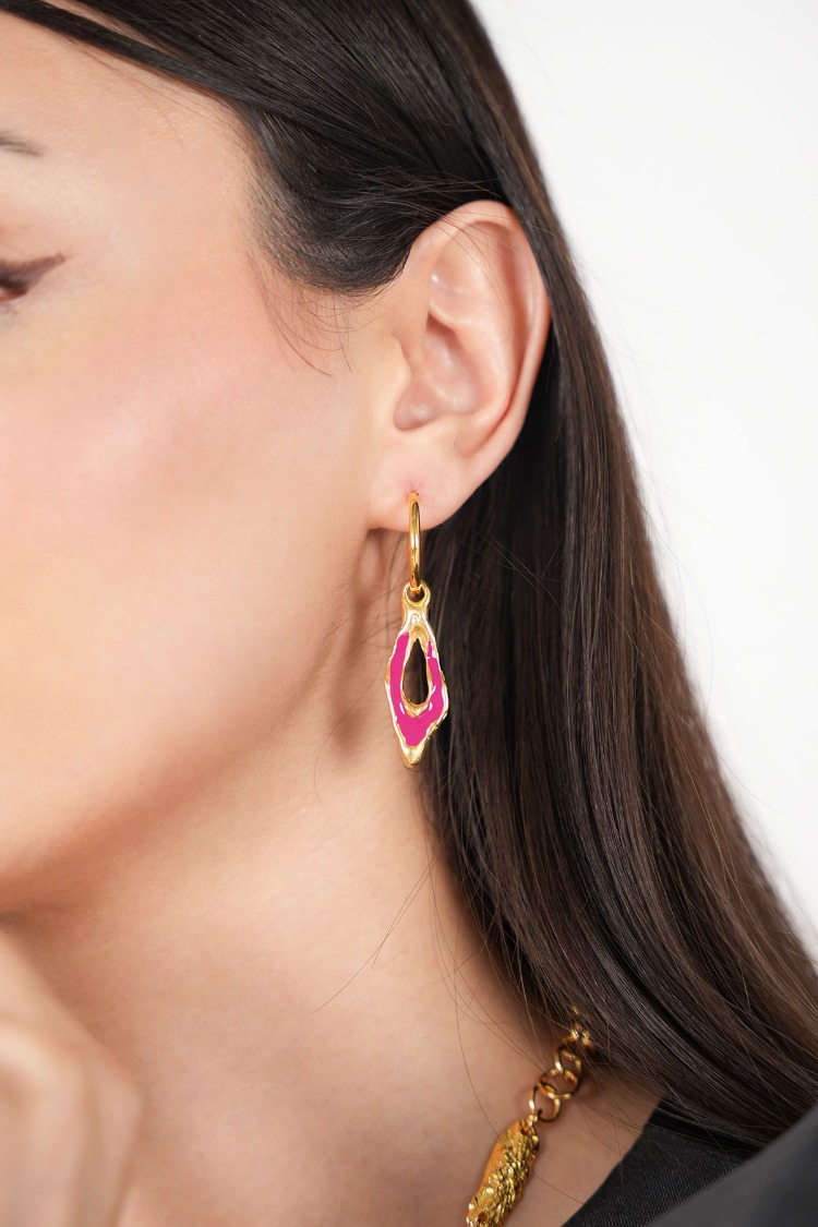 Brambuta Enki Drop Hoops Halka Küpe Gold-Fusya
