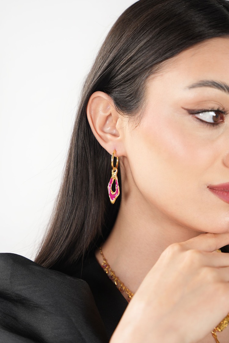 Brambuta Enki Drop Hoops Halka Küpe Gold-Fusya