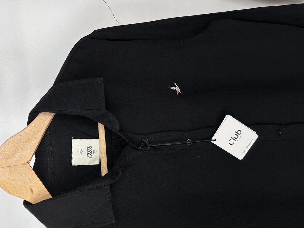 B. marka comfort fit müslin kumaş keten siyah gömlek