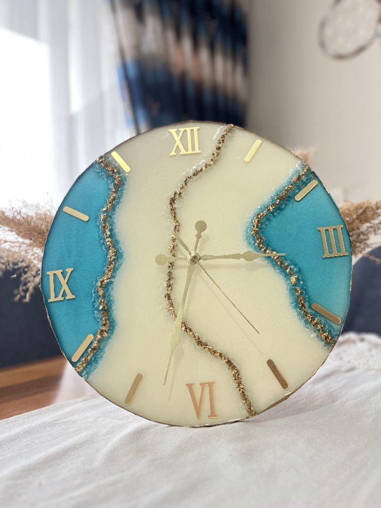 Dekoratif Mermer Desenli Duvar Saati – Gold Detaylı, 40 cm