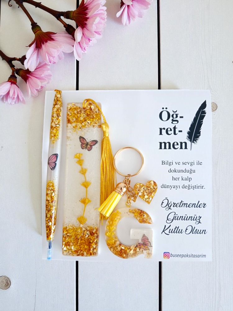 ✨ Öğretmene Özel Epoksi 3’lü Hediye Seti – Altın Simli Tasarım ✨