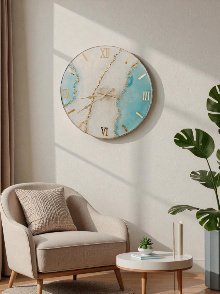 Dekoratif Mermer Desenli Duvar Saati – Gold Detaylı, 40 cm
