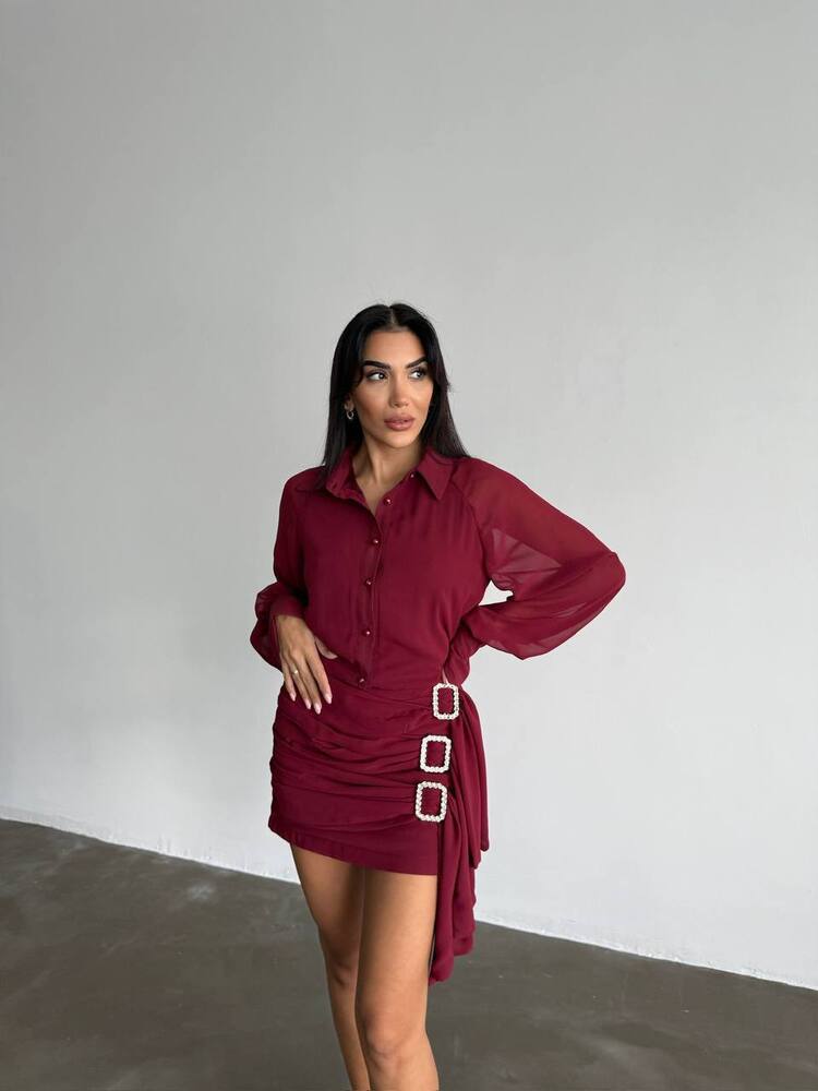 Bordo Taşlı Gömlek Elbise