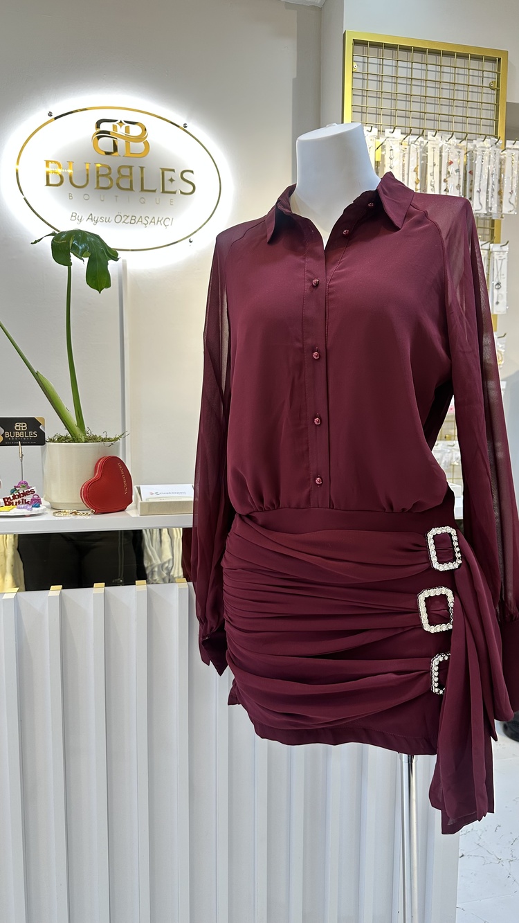 Bordo Taşlı Gömlek Elbise