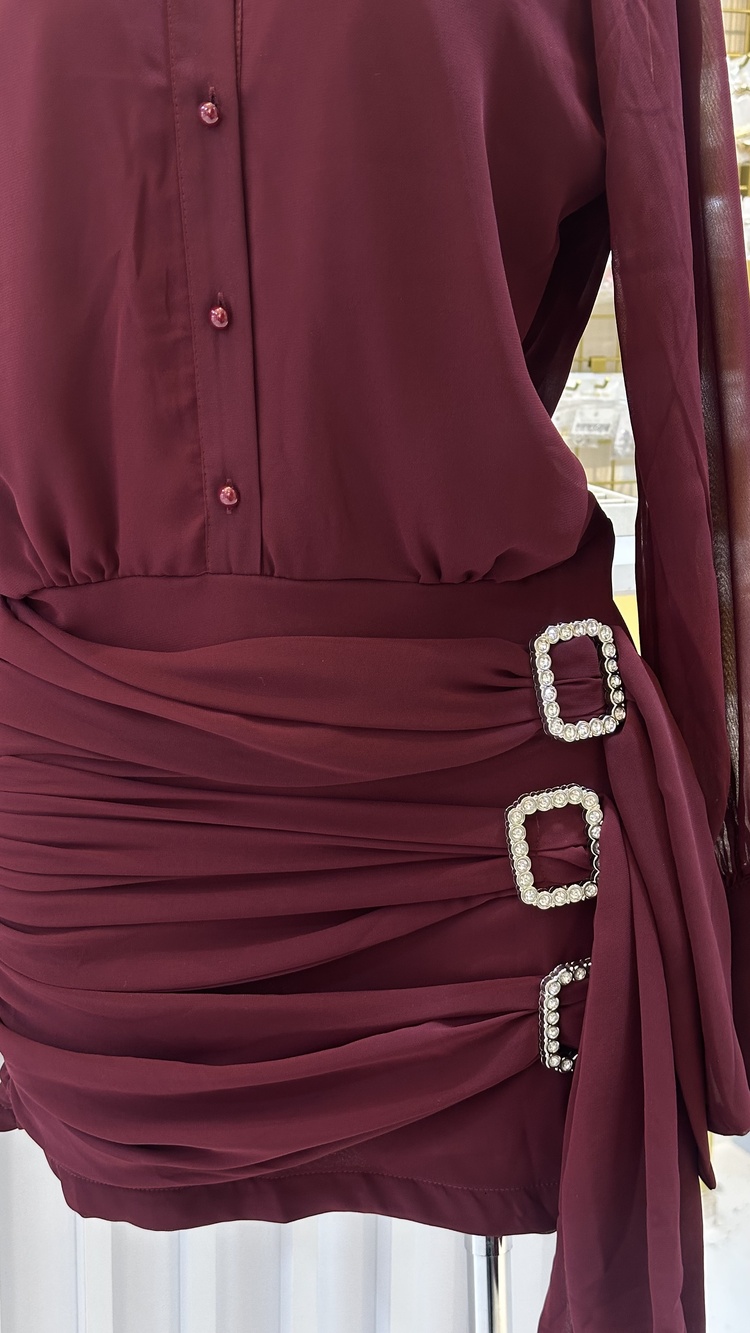 Bordo Taşlı Gömlek Elbise
