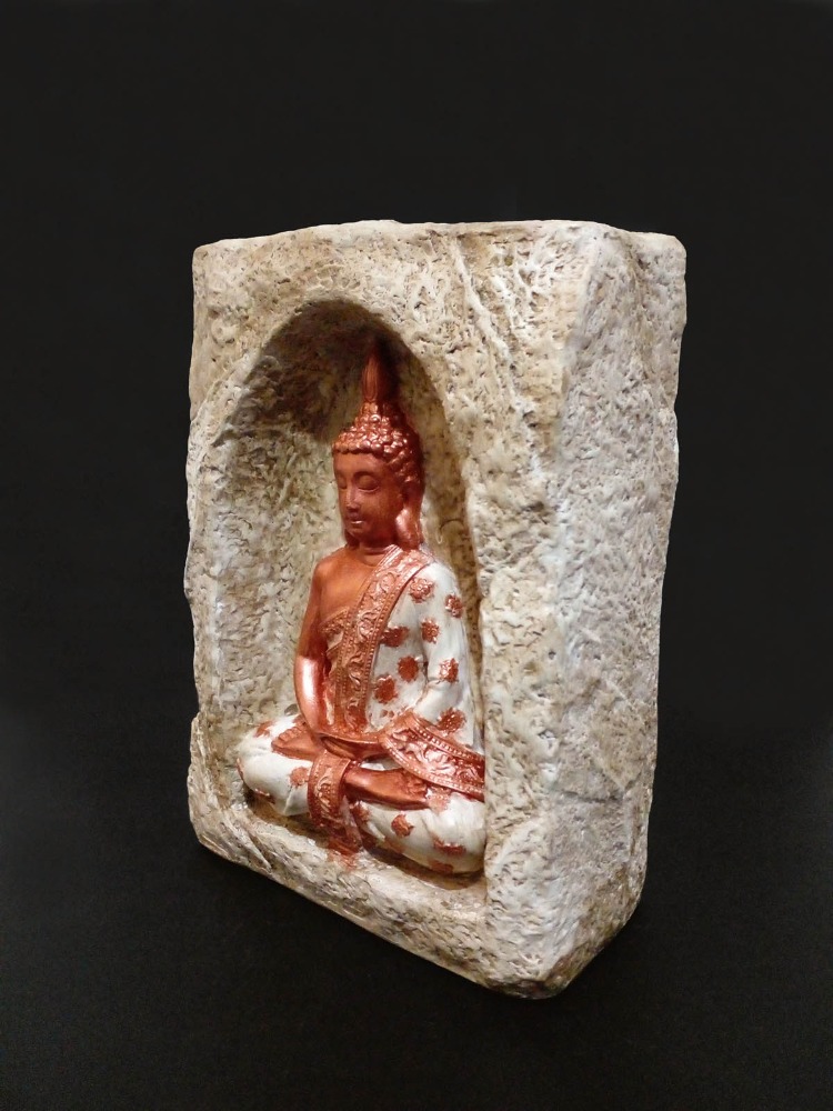 Bej Renkli Mağara İçinde Bakır-Beyaz Buda Tealight Mumluk