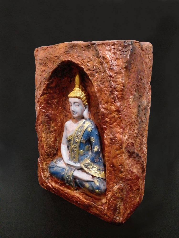 Bakır Rengi Mağara İçinde Mavi-Bej Buda Tealight Mumluk