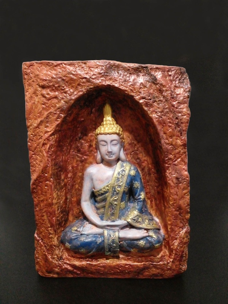 Bakır Rengi Mağara İçinde Mavi-Bej Buda Tealight Mumluk
