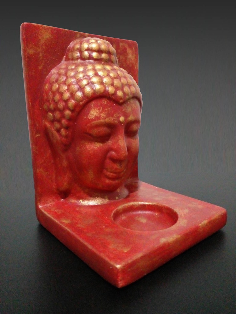 Kiremit Renk Üzerine Altın Eskitme Buda Tealight Mumluk