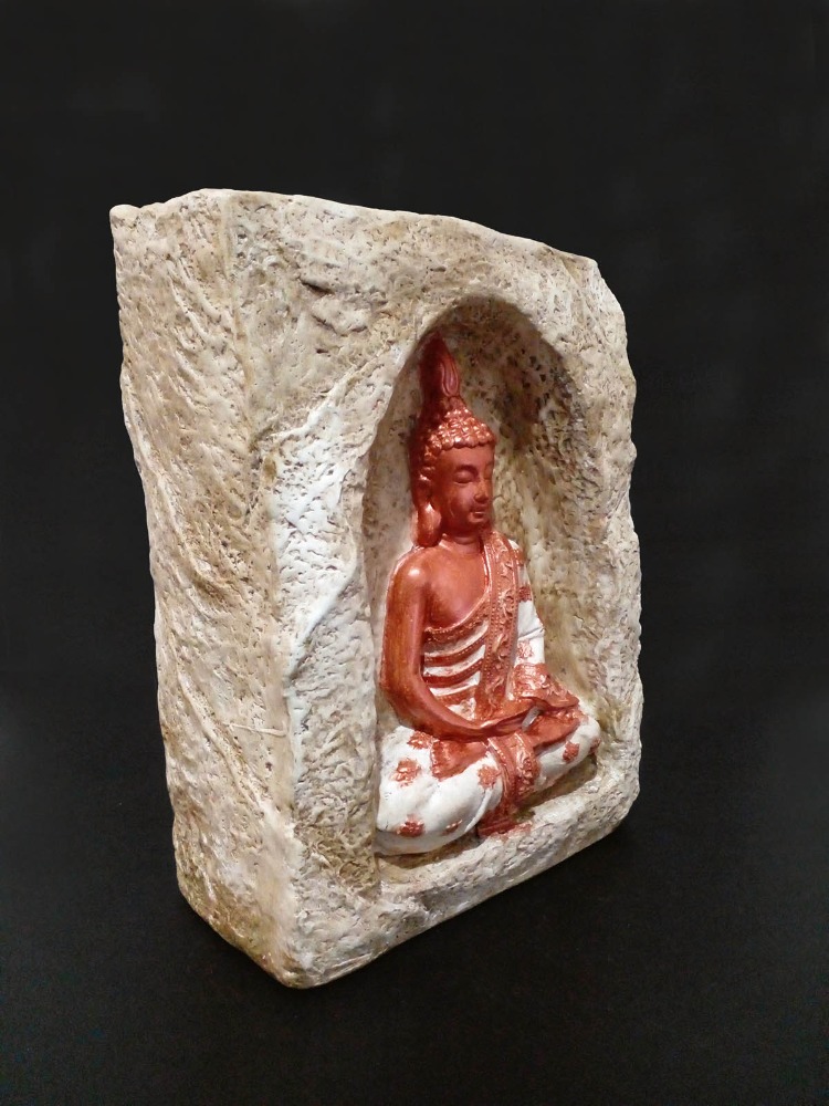 Bej Renkli Mağara İçinde Bakır-Beyaz Buda Tealight Mumluk