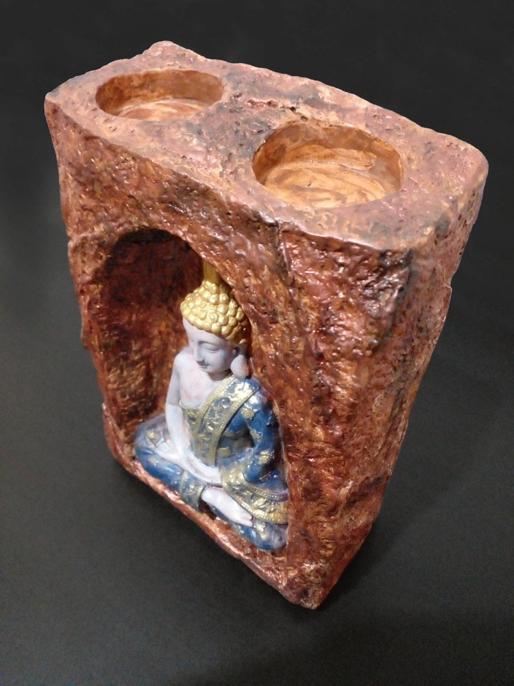 Bakır Rengi Mağara İçinde Mavi-Bej Buda Tealight Mumluk
