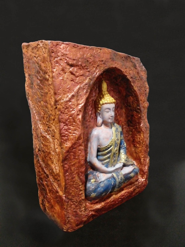 Bakır Rengi Mağara İçinde Mavi-Bej Buda Tealight Mumluk